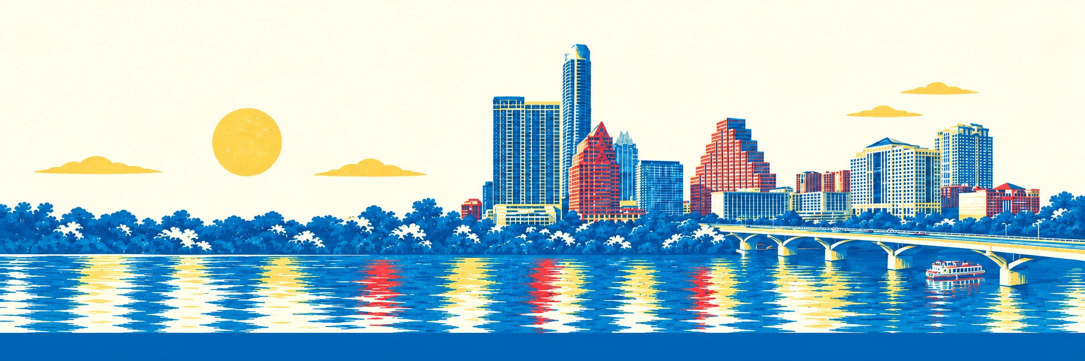 Open panorama of the Austin skyline and Congress Avenue Bridge across Lady Bird Lake in the Miles of Chocolate colors